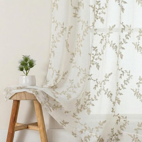OWENIE Linen Sheer Curtains for Living Room - 63 Inch Length 2 Panles Set, Light Filtering Embroidered Leaf Paterrn Linen Textured Semi Sheer for Bedroom, Rod Pocket Farmhouse Window Drapes, 40"Wx63"L in Kuwait