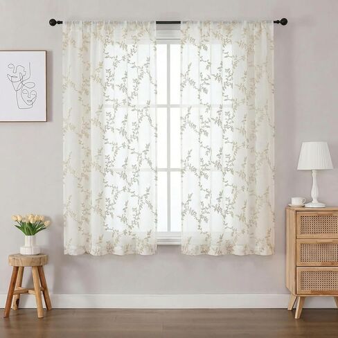 OWENIE Linen Sheer Curtains for Living Room - 63 Inch Length 2 Panles Set, Light Filtering Embroidered Leaf Paterrn Linen Textured Semi Sheer for Bedroom, Rod Pocket Farmhouse Window Drapes, 40"Wx63"L in Kuwait