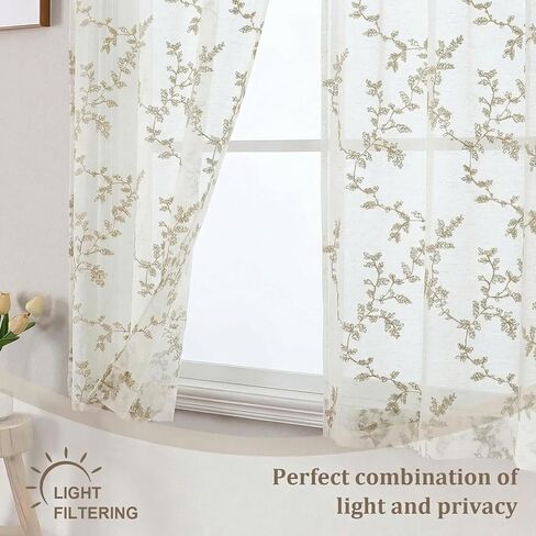 OWENIE Linen Sheer Curtains for Living Room - 63 Inch Length 2 Panles Set, Light Filtering Embroidered Leaf Paterrn Linen Textured Semi Sheer for Bedroom, Rod Pocket Farmhouse Window Drapes, 40"Wx63"L in Kuwait
