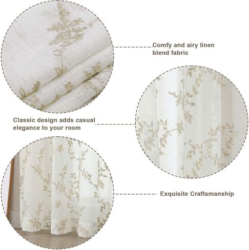 OWENIE Linen Sheer Curtains for Living Room - 63 Inch Length 2 Panles Set, Light Filtering Embroidered Leaf Paterrn Linen Textured Semi Sheer for Bedroom, Rod Pocket Farmhouse Window Drapes, 40"Wx63"L in Kuwait