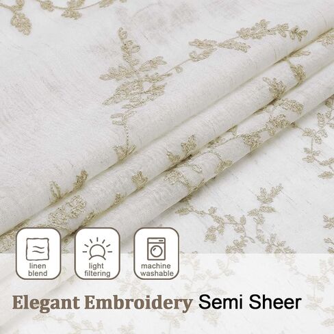 OWENIE Linen Sheer Curtains for Living Room - 63 Inch Length 2 Panles Set, Light Filtering Embroidered Leaf Paterrn Linen Textured Semi Sheer for Bedroom, Rod Pocket Farmhouse Window Drapes, 40"Wx63"L in Kuwait