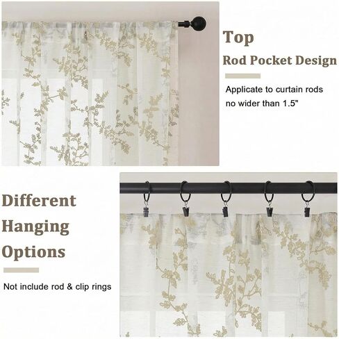 OWENIE Linen Sheer Curtains for Living Room - 63 Inch Length 2 Panles Set, Light Filtering Embroidered Leaf Paterrn Linen Textured Semi Sheer for Bedroom, Rod Pocket Farmhouse Window Drapes, 40"Wx63"L in Kuwait