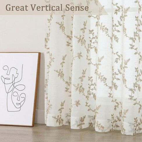 OWENIE Linen Sheer Curtains for Living Room - 63 Inch Length 2 Panles Set, Light Filtering Embroidered Leaf Paterrn Linen Textured Semi Sheer for Bedroom, Rod Pocket Farmhouse Window Drapes, 40"Wx63"L in Kuwait