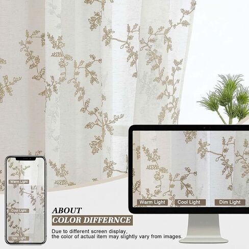 OWENIE Linen Sheer Curtains for Living Room - 63 Inch Length 2 Panles Set, Light Filtering Embroidered Leaf Paterrn Linen Textured Semi Sheer for Bedroom, Rod Pocket Farmhouse Window Drapes, 40"Wx63"L in Kuwait