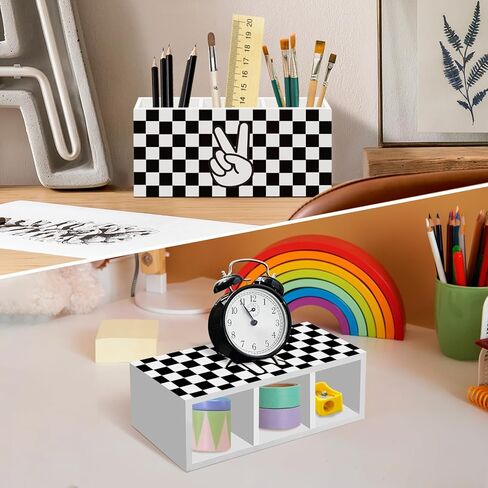 Black and White Checkered Pen Pencil Holder for Desk Decor, Postive Checkered Office Desk Accessories, Boys Pen Holders Organizer for Playroom Kids Room Classroom in Kuwait