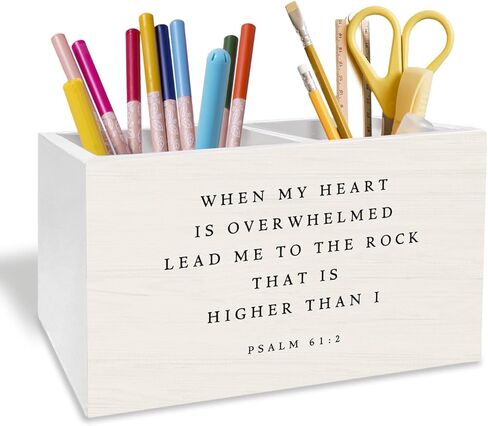 Christian Pen Holder for Desk, Christian Gifts for Women Men Pencil Organizer, Psalm 61:2 Bible Verse Religious Wooden Box Sign Desk Decor for Home Office Decoration in Saudi Arabia