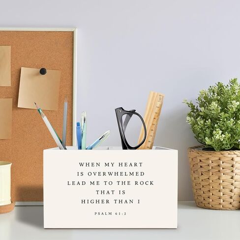 Christian Pen Holder for Desk, Christian Gifts for Women Men Pencil Organizer, Psalm 61:2 Bible Verse Religious Wooden Box Sign Desk Decor for Home Office Decoration in Saudi Arabia