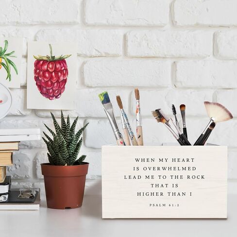 Christian Pen Holder for Desk, Christian Gifts for Women Men Pencil Organizer, Psalm 61:2 Bible Verse Religious Wooden Box Sign Desk Decor for Home Office Decoration in Saudi Arabia