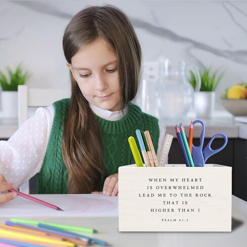 Christian Pen Holder for Desk, Christian Gifts for Women Men Pencil Organizer, Psalm 61:2 Bible Verse Religious Wooden Box Sign Desk Decor for Home Office Decoration in Saudi Arabia