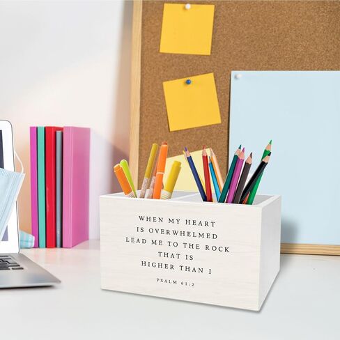 Christian Pen Holder for Desk, Christian Gifts for Women Men Pencil Organizer, Psalm 61:2 Bible Verse Religious Wooden Box Sign Desk Decor for Home Office Decoration in Saudi Arabia