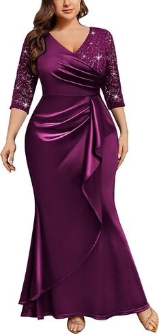 MISSMAY Women's Plus Sequin Lace Satin Ruched Ruffle Mermaid Formal Evening Long Dress in Kuwait