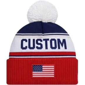 USA Personalized Knit Beanie, Custom Name Pom Pom Hat with Embroidered American Flag Patch, Soccer Football Fan Game Day Gift for Men Women in Kuwait
