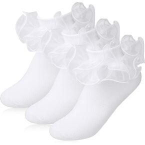 3 Pack White Ruffle Socks, Women's Ruffle Socks Lace Ankle Sock with Eyelet Design, Comfortable & Breathable for Daily Wear, Princess Style in Kuwait