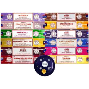 Satya Sai Baba Nag Champa Incense Sticks 15g Assorted - Pack of 12 Boxes with Wooden Incense Holder by Behal International in Kuwait