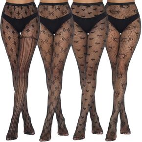4 Pairs Women Fishnet Thigh High Stockings Bow Patterned Pantyhose Lace Stockings Leggings for Women Halloween in Kuwait
