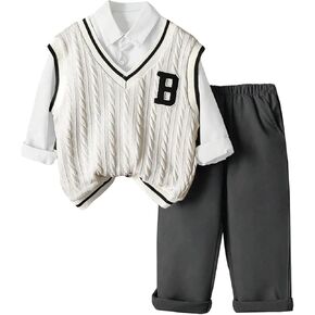 ملابس للأولاد مكونة من 3 قطع سترة محبوكة بدون أكمام، طقم قميص وسروال بأكمام طويلة وأزرار سفلية للأعمار من 4 إلى 7 سنوات in Kuwait