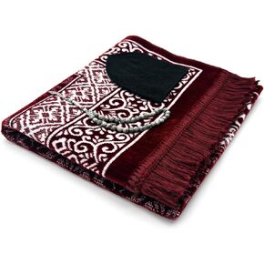 سجادة صلاة مخملية من ESERRA، مجموعة الكل في واحد للإسلام - سجادة صلاة سميكة للمسلمين، قبعة كوفي سوداء، حجر جاسبر 33 خرزة صلاة، حقيبة سفر قطنية - هدايا إسلامية (أحمر) in Kuwait