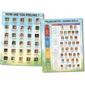 2-Pack Social Emotional Learning Posters, 30 Real Photo Feelings & Coping Skills Chart, Calming Corner Items, Mental Health Decor for Counseling Office & Classroom, Educational Wall Art, 10.4"x13.4" in Kuwait