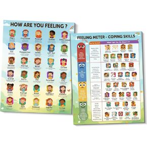 2-Pack Social Emotional Learning Posters, 30 Real Photo Feelings & Coping Skills Chart, Calming Corner Items, Mental Health Decor for Counseling Office & Classroom, Educational Wall Art, 10.4"x13.4" in Kuwait