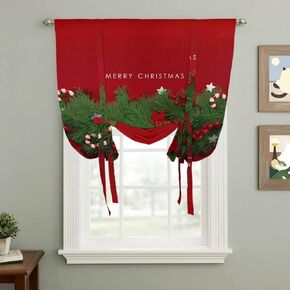 Christmas Tie Up Curtains for Window, Winter Chic Pine Branch Xmas Sandpins Candy Red Thermal Balloon Shade Adjustable Rod Pocket Curtains Valance Panels for Kitchen Bathroom Café 42'' x 45'' in Saudi Arabia