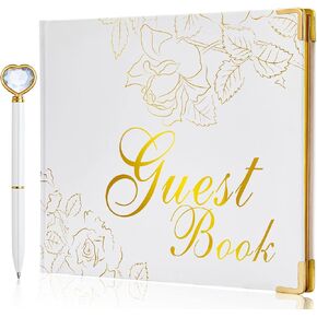 كتاب الضيوف مع قلم - غلاف مقوى مقاس 9 × 7 بوصة 120 صفحة/60 ورقة - حواف مطلية برقائق ذهبية للضيوف للتوقيع في حفل زفاف أو حفلة أو حفل زفاف أو حفل زفاف (أبيض) in Kuwait