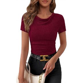 PRETTYGARDEN ملابس علوية نسائية صيفية 2026 تي شيرت لطيف برقبة واسعة وأكمام قصيرة تي شيرت مضلع متماسك مناسب للربيع مكشكش in Kuwait