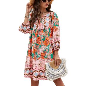 Bluetime Women Casual Summer Dress Boho V Neck 3/4 Sleeve Babydoll Floral Print Flowy Beach Dress in Kuwait