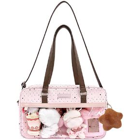Pink Polka Dot Ita Bag with Clear Window, Large Capacity Tote Bag with Brown Straps, Y2K Style Fashion Handbag for Daily Use | Polka Dot, Ita Bag, Pins Display Bag, Japanese Style, Cute, JK in Saudi Arabia