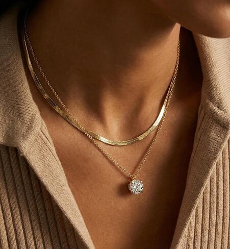 ASHINE 14K Gold Plated Dainty Choker Necklace for Women, Solitaire 5A Cubic Zirconia Round Brilliant Cut Pendant Necklace in Kuwait