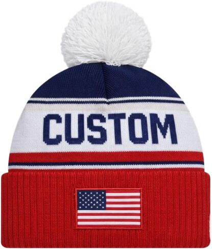 USA Personalized Knit Beanie, Custom Name Pom Pom Hat with Embroidered American Flag Patch, Soccer Football Fan Game Day Gift for Men Women in Kuwait