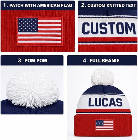 USA Personalized Knit Beanie, Custom Name Pom Pom Hat with Embroidered American Flag Patch, Soccer Football Fan Game Day Gift for Men Women in Kuwait
