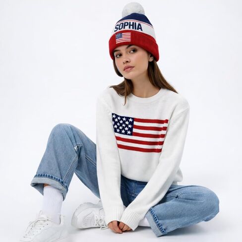 USA Personalized Knit Beanie, Custom Name Pom Pom Hat with Embroidered American Flag Patch, Soccer Football Fan Game Day Gift for Men Women in Kuwait