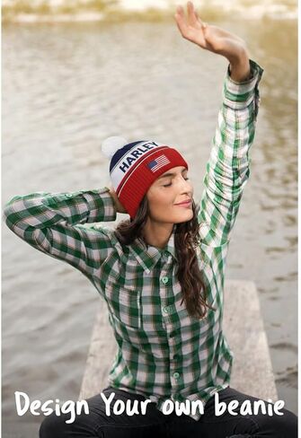 USA Personalized Knit Beanie, Custom Name Pom Pom Hat with Embroidered American Flag Patch, Soccer Football Fan Game Day Gift for Men Women in Kuwait