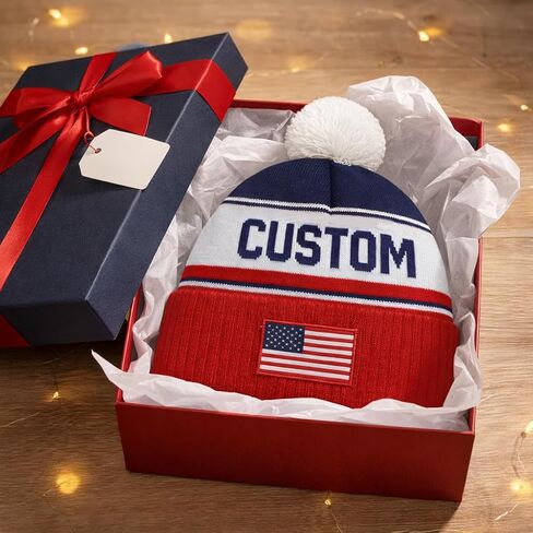USA Personalized Knit Beanie, Custom Name Pom Pom Hat with Embroidered American Flag Patch, Soccer Football Fan Game Day Gift for Men Women in Kuwait