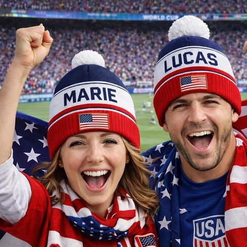 USA Personalized Knit Beanie, Custom Name Pom Pom Hat with Embroidered American Flag Patch, Soccer Football Fan Game Day Gift for Men Women in Kuwait