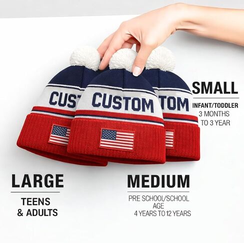 USA Personalized Knit Beanie, Custom Name Pom Pom Hat with Embroidered American Flag Patch, Soccer Football Fan Game Day Gift for Men Women in Kuwait