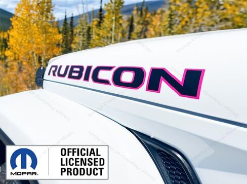 ملصق من الفينيل الجرافيكي Mods Rubicon Hood يناسب Jeep Rubicon JL/JT (2018-2025) خطوط توبو سوداء غير لامعة مع مخطط وردي فاقع (مجموعة من 2) - CHOTPNK | UV1A1 in Kuwait