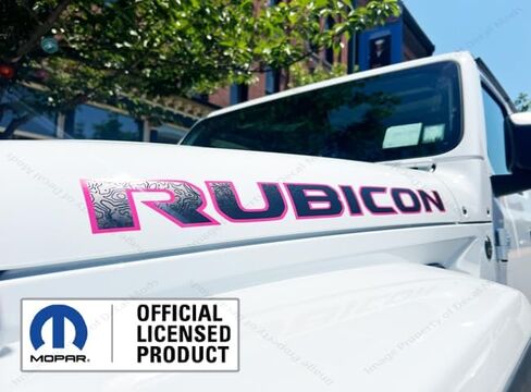 ملصق من الفينيل الجرافيكي Mods Rubicon Hood يناسب Jeep Rubicon JL/JT (2018-2025) خطوط توبو سوداء غير لامعة مع مخطط وردي فاقع (مجموعة من 2) - CHOTPNK | UV1A1 in Kuwait