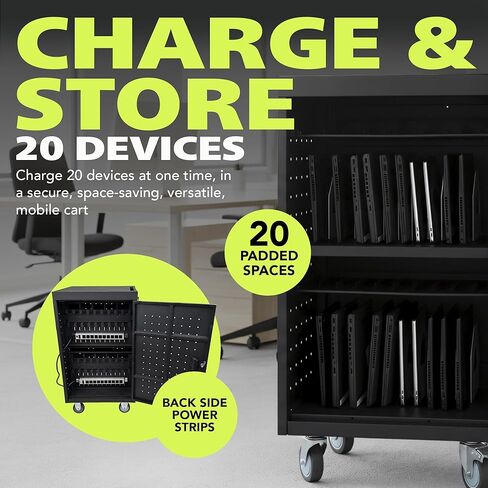 Pearington 20 Device Mobile Charging and Storage Cart for iPads, Chromebooks and Laptop Computers, Up To 17-Inch Screen Size, Surge Protection, Front & Back Access Locking Cabinet, Black in Kuwait