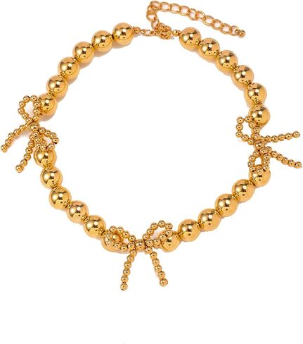 Chunky Gold Bow Beads Choker Necklace for Women Big Pearl Bowknot Clavicle Necklace Adjustable Statement Ball Necklace Wedding Jewelry Gift for Bride in Kuwait