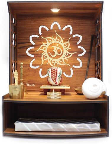 Beautiful Wooden Pooja Stand for Home Temple and Office Puja Mandir - Wall Mounted with LED Spot Light - Size (H- 15.5, L- 11.5, W-11 Inch) in Saudi Arabia