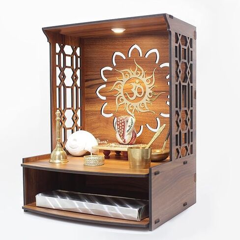 Beautiful Wooden Pooja Stand for Home Temple and Office Puja Mandir - Wall Mounted with LED Spot Light - Size (H- 15.5, L- 11.5, W-11 Inch) in Saudi Arabia