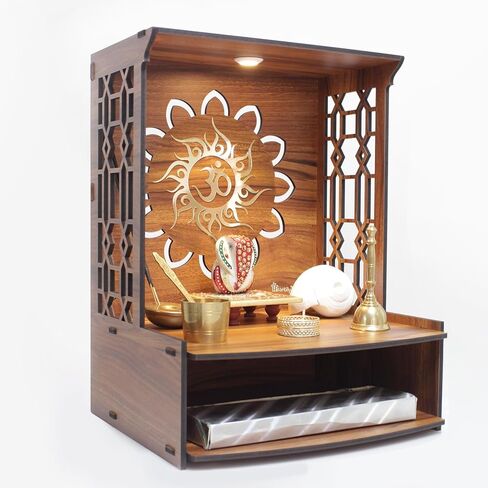 Beautiful Wooden Pooja Stand for Home Temple and Office Puja Mandir - Wall Mounted with LED Spot Light - Size (H- 15.5, L- 11.5, W-11 Inch) in Saudi Arabia