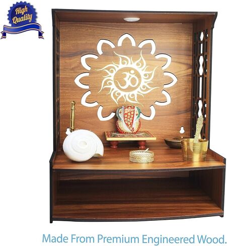 Beautiful Wooden Pooja Stand for Home Temple and Office Puja Mandir - Wall Mounted with LED Spot Light - Size (H- 15.5, L- 11.5, W-11 Inch) in Saudi Arabia