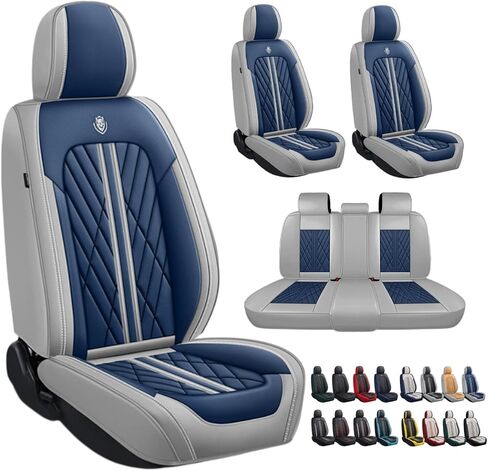 غطاء مقعد سيارة من جلد البولي يوريثان مناسب للتنفس ومقاوم للماء لسيارة Ford Mustang 2000-2023 2024 2025 2026 أغطية مقاعد داخلية متوافقة مع الوسادة الهوائية (مجموعة كاملة من 5 مقاعد، أزرق رمادي) in Kuwait