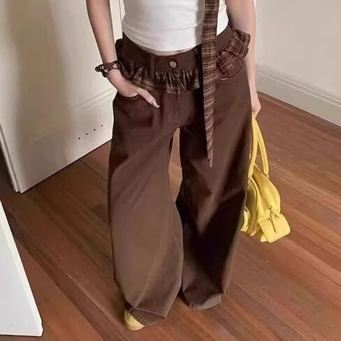 Spring High Waist Wide Leg Plaid Ruffled Butterfly Tie Jeans Womens Pants Casual Flare Lounge Workout Sweatpants in Saudi Arabia