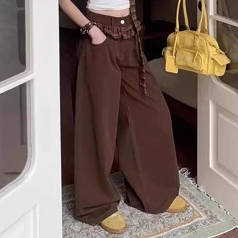 Spring High Waist Wide Leg Plaid Ruffled Butterfly Tie Jeans Womens Pants Casual Flare Lounge Workout Sweatpants in Saudi Arabia