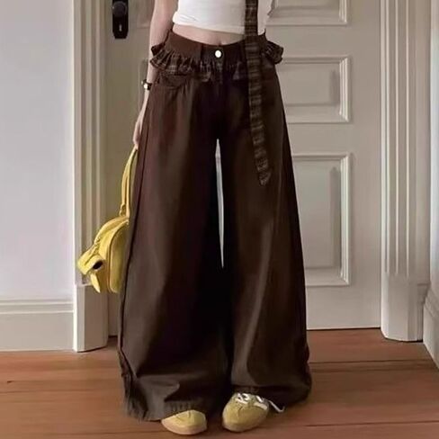 Spring High Waist Wide Leg Plaid Ruffled Butterfly Tie Jeans Womens Pants Casual Flare Lounge Workout Sweatpants in Saudi Arabia