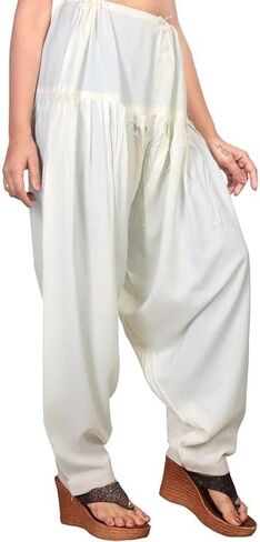Womens Loose Fit Rayon Dhoti Pant Patiala Slawar Bottom Harem Pants Free Size (26 Inch to 38 Inch) (US, Alpha, One Size, Regular, Regular, Off White) in Kuwait
