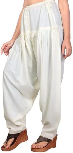 Womens Loose Fit Rayon Dhoti Pant Patiala Slawar Bottom Harem Pants Free Size (26 Inch to 38 Inch) (US, Alpha, One Size, Regular, Regular, Off White) in Kuwait